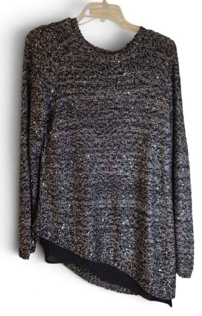 Apt. 9 Sequin Asymmetric Hem Sweater Size L Black Gray - Picture 1 of 4